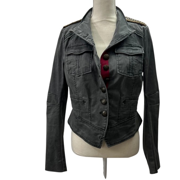 Free People Military Band Jacket Gray Cropped Blazer Epaulettes & Brass‎ Buttons - Picture 2 of 12